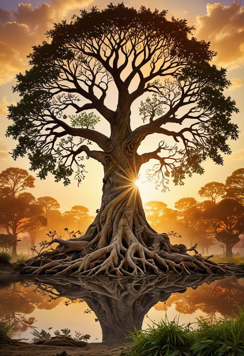 A majestic family tree intertwined with colorful roots symbolizing various cultures, with delicate leaves showcasing ancestral faces and markers. A beautiful sunrise in the background representing new beginnings, and a gentle stream flowing through, symbolizing the passage of time and heritage. Include elements like an ancient scroll, maps, and heirlooms scattered around the base of the tree. super-realistic. vibrant colors. atmospheric.