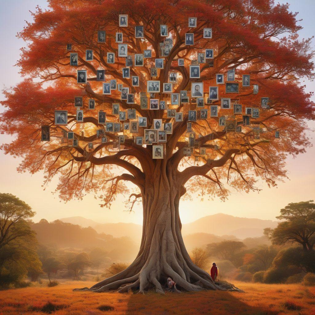 An ancestral tree with vibrant branches symbolizing different family generations, adorned with old photographs, heirlooms, and cultural artifacts spanning generations. In the background, a soft gradient showcasing landscapes from different eras to highlight heritage. Include people of diverse ages and backgrounds engaging together, weaving connections. super-realistic. warm colors. soft focus.