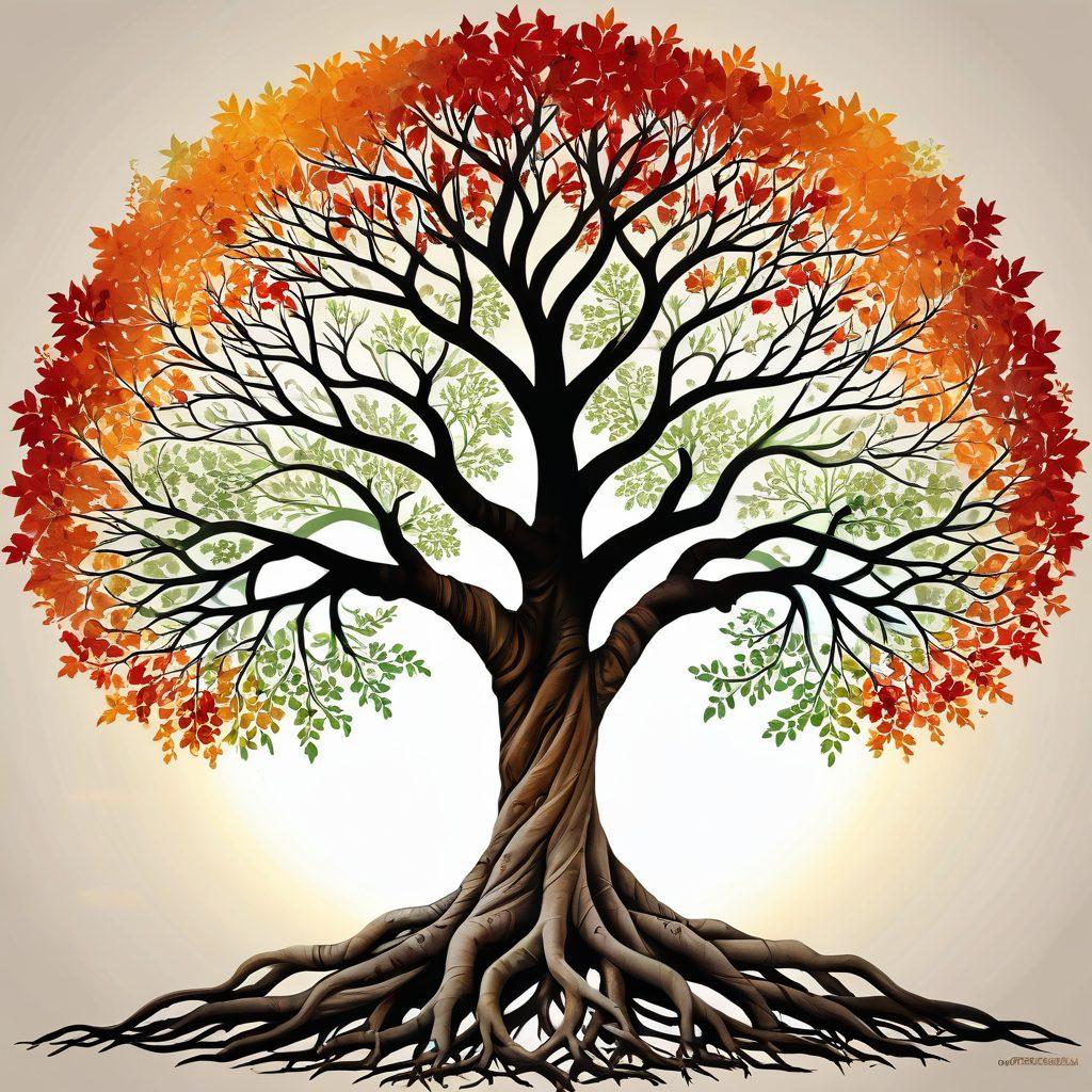 A beautifully intertwined tree with deep roots representing family lineage, showcasing branches spreading out with vibrant, colorful leaves. Each branch should have photographs or silhouettes symbolizing different family members, and an ancient scroll resting at the base inscribed with names. The background should be a soft, warm gradient, enhancing the familial bond theme. super-realistic. vibrant colors. soft gradient background.